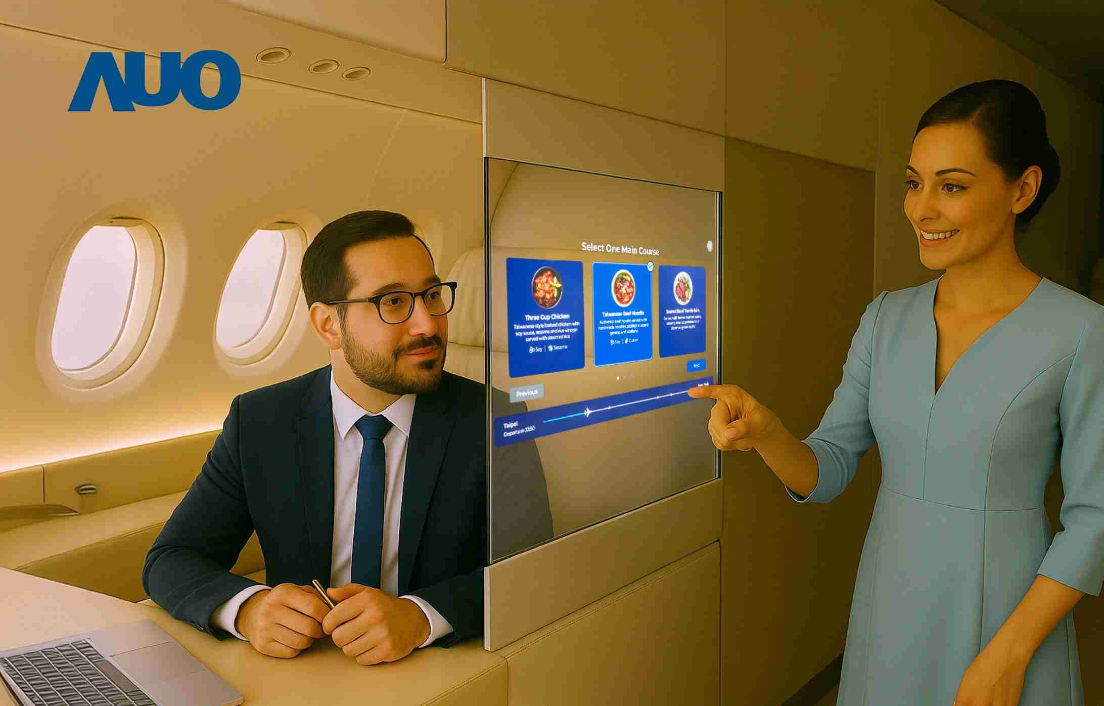 至成国际研发全球最薄17.3 吋双面透明 Micro LED 显示器，，，，可在同一屏幕之双边投射不同信息，，，创造独特的”透明化”互动；图为实时翻译交流应用情境